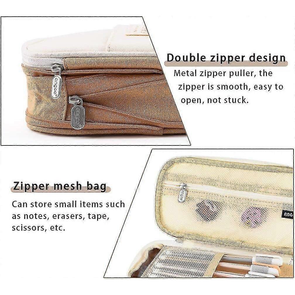 1pcs Large Capacity Pencil Case Scalable Canvas Pocket Pencil Case Solid Color Girls Boys (Khaki)