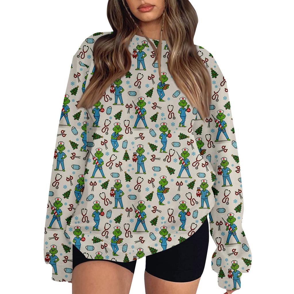 Women's Fashion Casual Long Sleeve Christmas Printed Neck Top