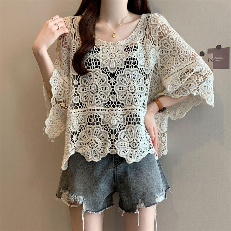 Plus Size Women's Clothing Chubby Girl French Crocheted Cut Out Lace Shirt round Neck Knitwear Casual 3/4 Sleeve Blouse Sun Protection Clothing