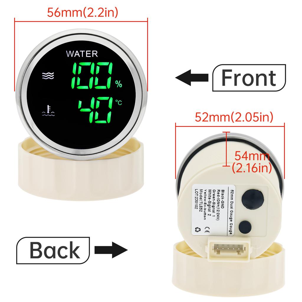 Green LED Digital Dual 52mm Gauge with Alarm 0-190 ohm Water Level Gauge+Water Temperature Meter for Car Boat Marine 12V 24V