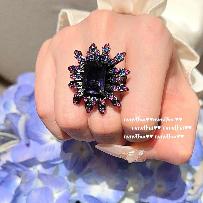 Spree Cornflower Gemstone Ring, Antique, 18K Gold Plated, Iris Purple Flower Large Carat Zircon Ring