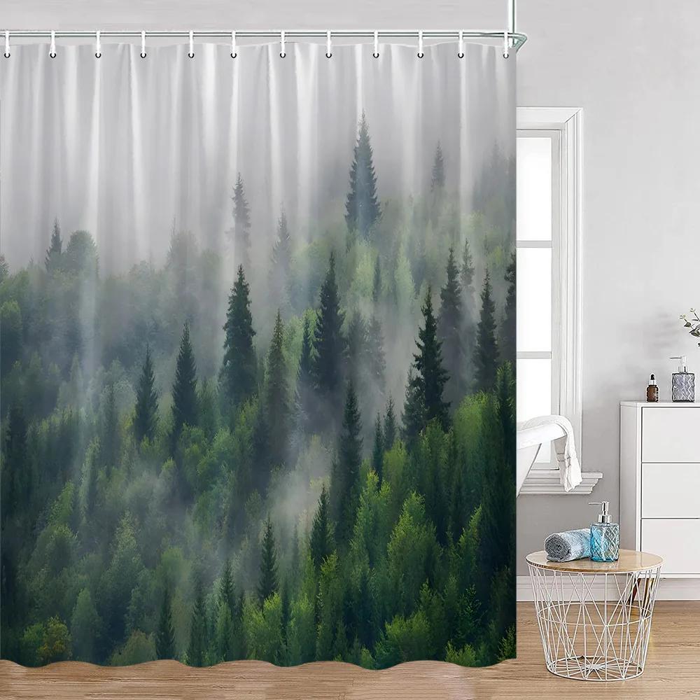 

Занавески для душа «Туманный лес» Заснеженные сосны Зеленые леса Природный ландшафт Минималистский декор ванной комнаты Современная занавеска для ванной из полиэстера 150x180cm-60x70in