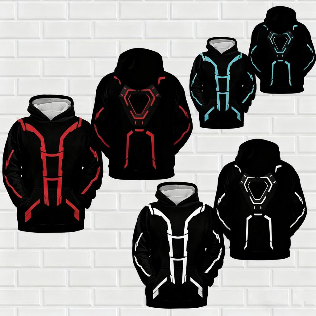 TRON Light Cycle Themed Men's Hoodie, Red Blue White Three-Color Circuit Graphic, Fashion Jacket for Autumn Winter