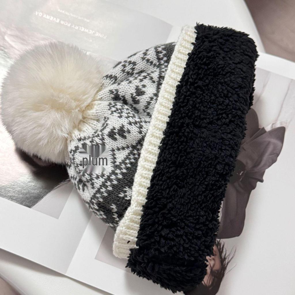 Fair Isle Wool Knit Hat: Warm, Plush, Plus-Size Jacquard, Autumn/Winter Retro, Small Face Rabbit Hair.