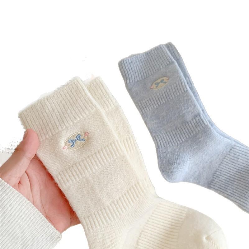 Warm Plush Soft And Waxy Thickened Embroidered Bow Wool Socks Korean Sweet Pile Socks