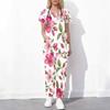Women Plus Size Floral Printed Scrub Set Cutout Neck Short Sleeve Pocket Top Long Pants Two Piece