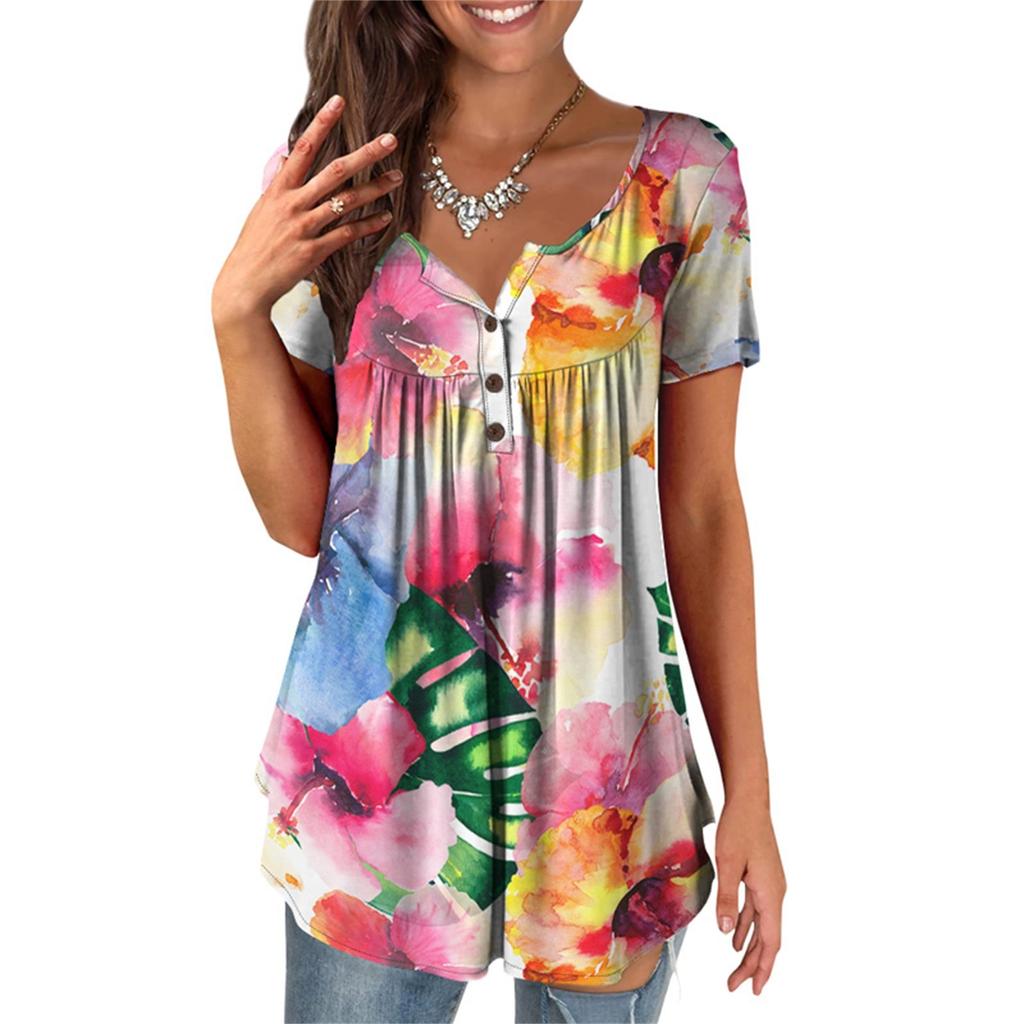 Women's Short Sleeve Tunic Loose Tops Casual Plus Size Tops Pleated Tunic Button Casual Summer Floral Tie Tops For Women