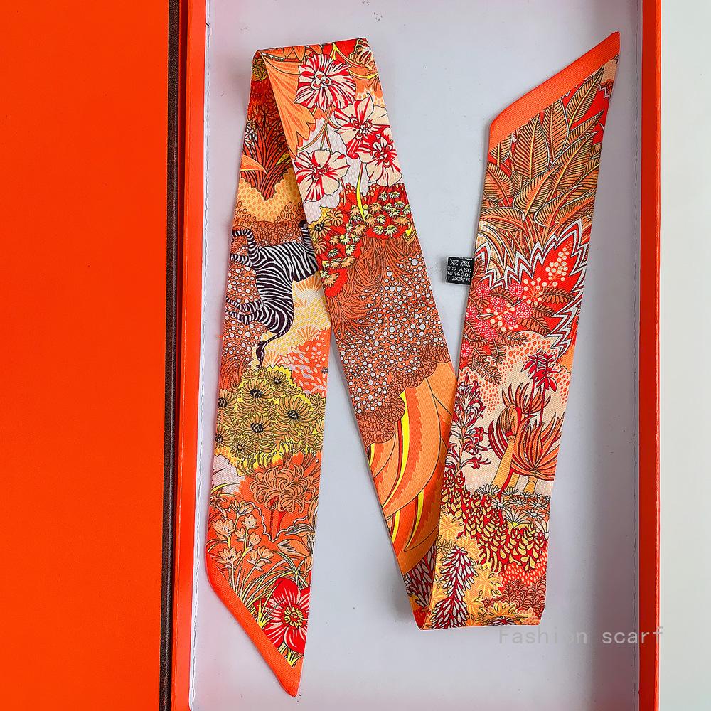 Korean Style Botanical Jungle Horse Print Twill Silk Scarf Women's Long Strip Ribbon Hair Band Neck Tie Accessories