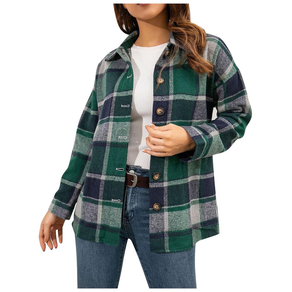 Fashion Women's  Casual Loose Grinding Wool Plush Plaid Long-sleeved Shirt Jacket