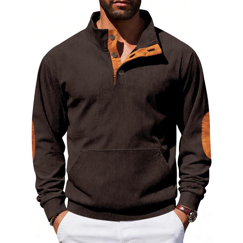 Mens Gray Corduroy Quarter Zip Elbow Patch Long Sleeve Sweatshirt