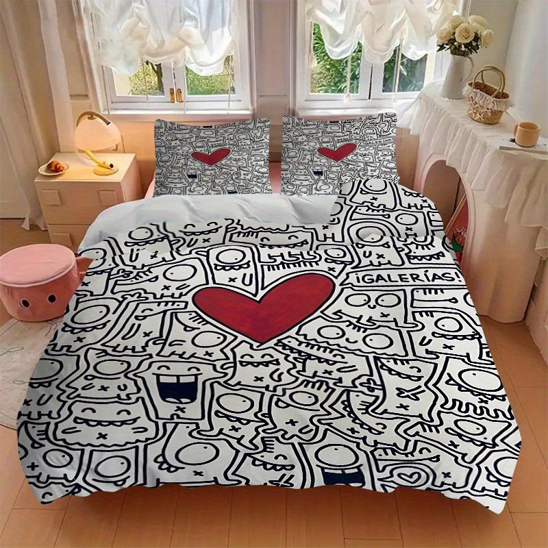 3pcs Monster Heart Print Bedding Set, Breathable and Soft, Suitable for All Seasons, Ideal for Home Use, Suitable for Bedroom Decor yy250821206