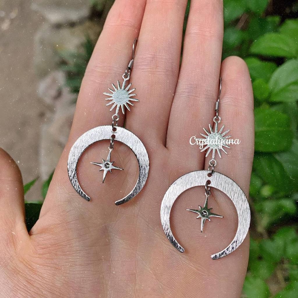 Bohemia Personality Gold Color Stainless Steel Sun Crescent Moon Star Dangle Earrings for Women Charm Jewelry Accessories Gift