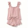 2026 Summer Women's Sleeveless Spandex Ruffle Patchwork Sports Set - Japanese Korean Style Five-Point Pants, Solid Color Casual Outfit