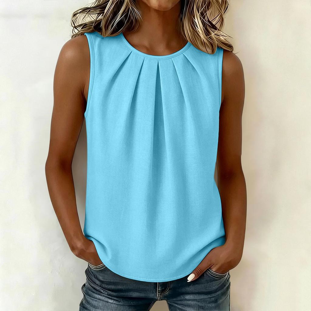Women Sleeveless Pleated Crew Neck Loose Fit Blouse Solid Basic Casual Top for Daily Office Wear