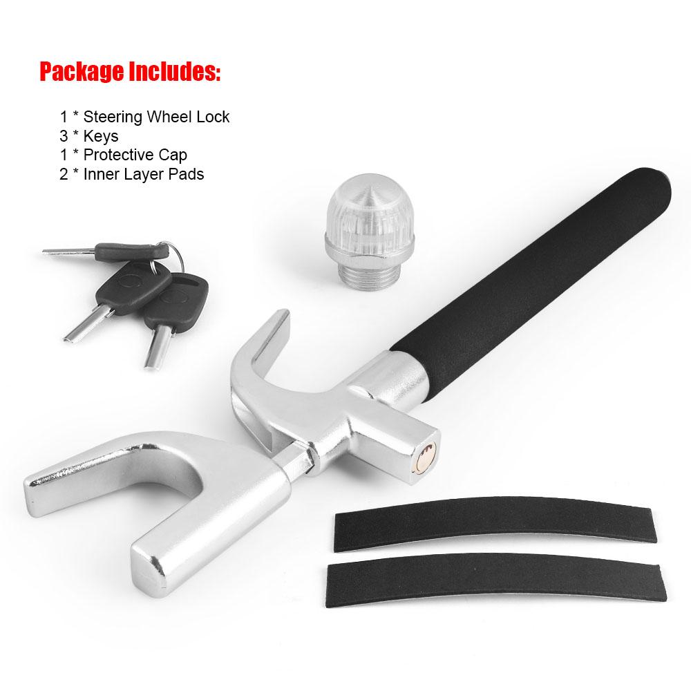 

Универсальный автомобильный противоугонный замок рулевого колеса, регулируемый усиленный замок безопасности колеса с аварийными молотковыми ключами для грузовиков и внедорожников чёрный