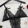 Deep V Neck Lace Bow Bodysuit Mesh Hollow Lace Sling Nightwear Women Lingerie  Home