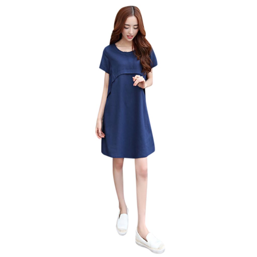 Women Cotton Linen Thin Short-sleeved Loose Waist Plus Size Dress