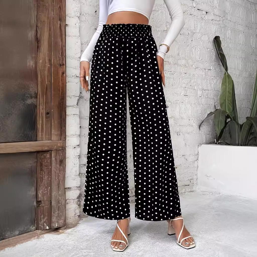 Spring/Summer Polka Dot Print High-Waisted Wide-Leg Pants Elegant Loose-Fit Casual Comfortable Slimming Long Pants