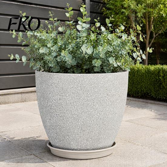Drainage System Garden Pot Grey Flowerpot with Saucer, Modern Planter Lightweight Flower for Patio Holes, Plant Indoor Outdoor Use Weatherproof