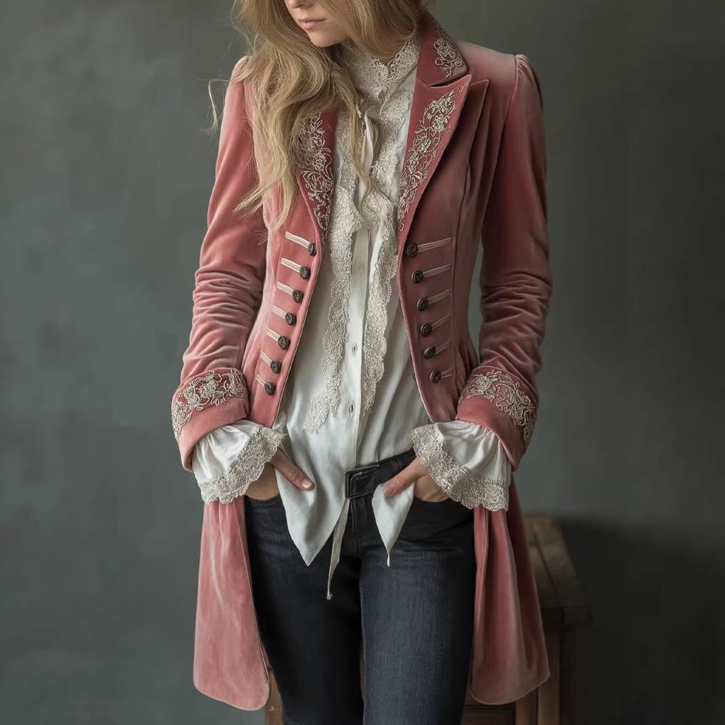 Women's Turn Down Collar Long Sleeve Velvet Blazer Coat Loose Fit Elegant Embroidered Victorian Jacket