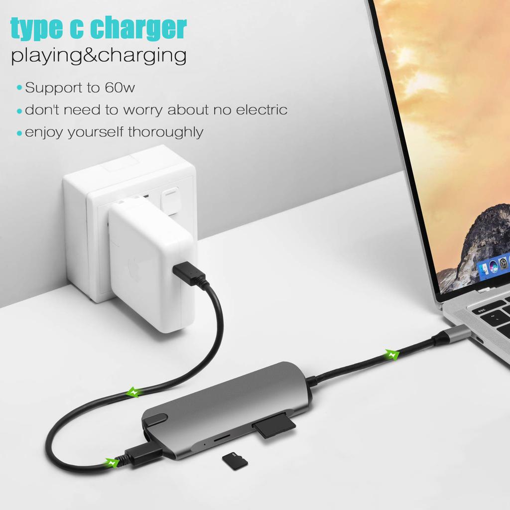 FX-1916 Type-C HUB 8 In 1 USB-C Adapter with 4K@30Hz HDMI/100W PD USB C Port/USB 3.0/RJ45 Ethernet/SD/TF Card Reader Docking Station