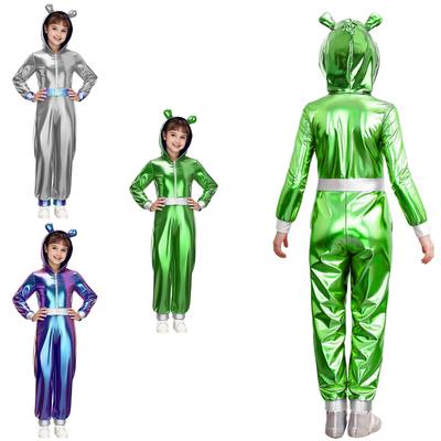 Kids Girls Alien Costume Halloween Costume Metallic Gloss Hood Long Sleeve Front Zipper Alien Outfit Jumpsuit for Fancy Dress Alien Themed Party