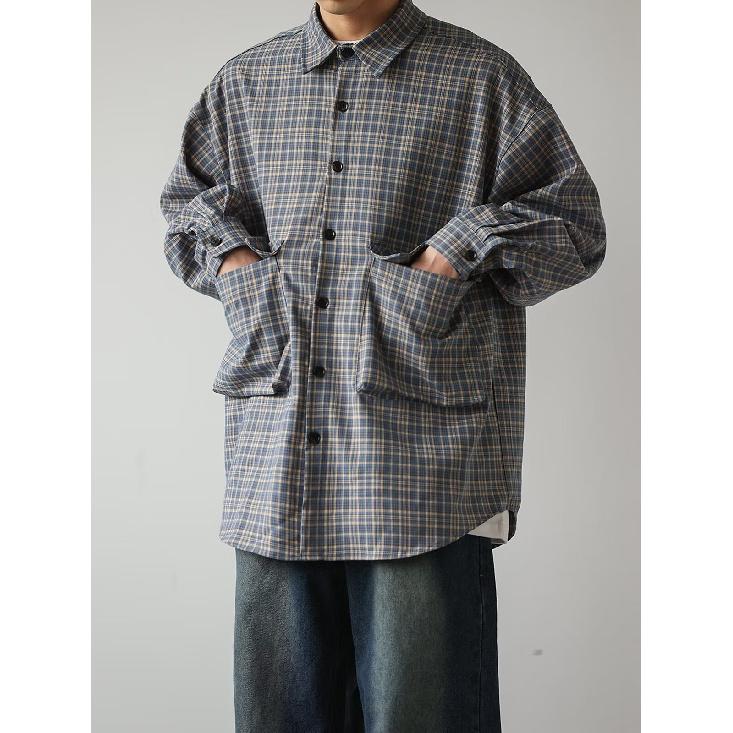 Autumn 2024 Plaid Pocket Decorative Lapel Shirt Japanese-Style Retro Embroidered Long Sleeve Shirt for Men