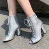 Fashion Womens Fish Mouth Ankle Boots Summer Female Cross-Tied Thick High Heels Shoes Lace-Up Chelsea Booties Mujer Botas Silver Black