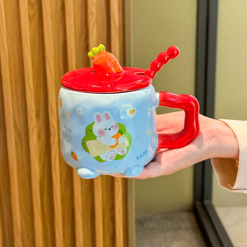 Cute and high-value radish rabbit ceramic cup with lid spoon girl couple mug for girlfriend birthday gift