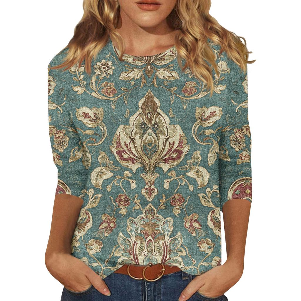 Women's Fashion Casual Seven Sleeve Vintage Printed Round Neck T-Shirt Top