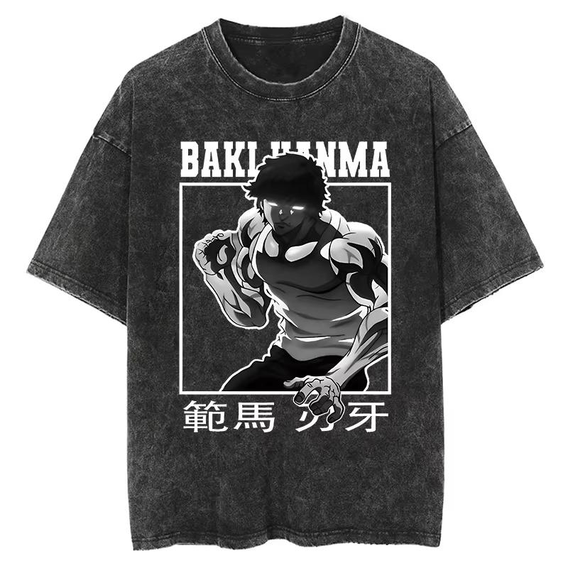 Baki Print Vintage Baumwoll-T-Shirt Herren Damen Sommer Lässig Übergroß Streetwear Fitnessstudio Workout Training Kurzarm Grafik-T-Shirt