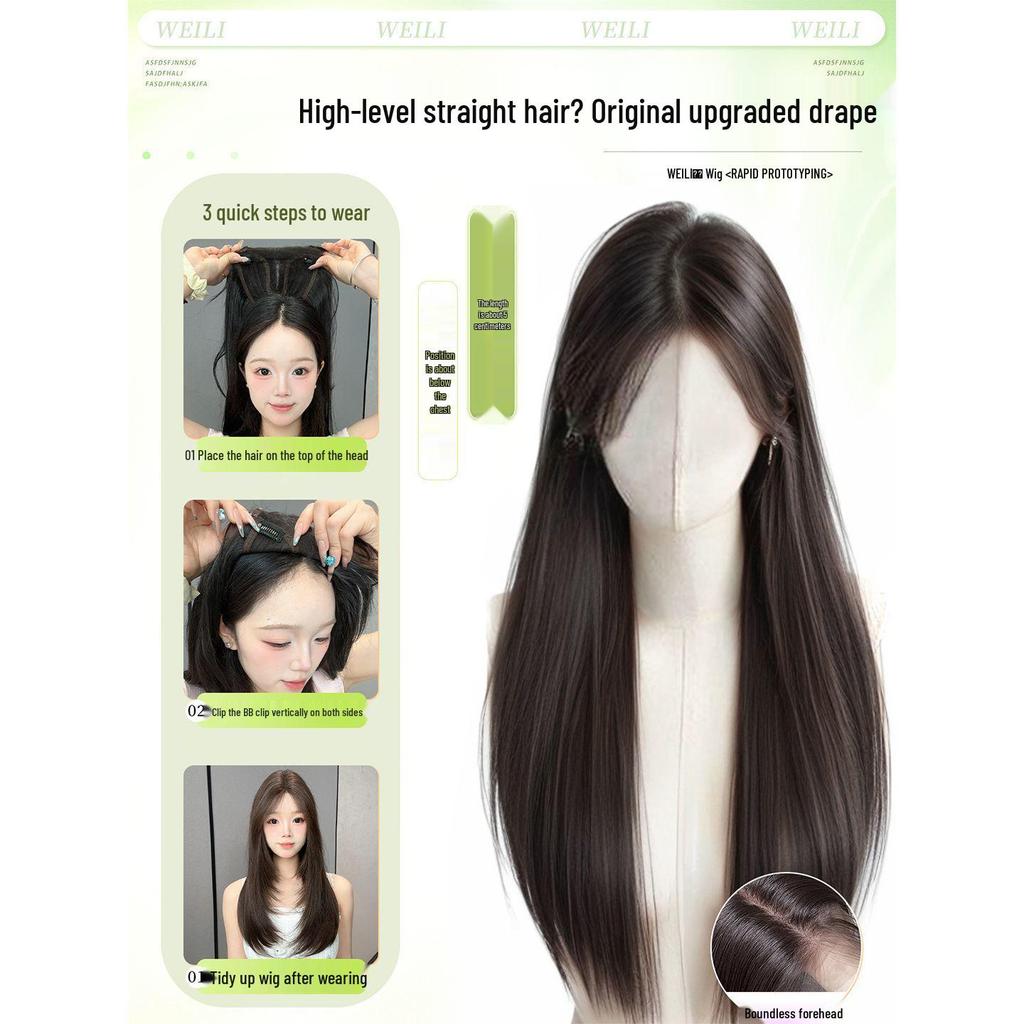 Damski czarny długi prosty dopinany włos: Zwiększa objętość włosów, kryje siwe włosy i zapewnia pełne pokrycie głowy.