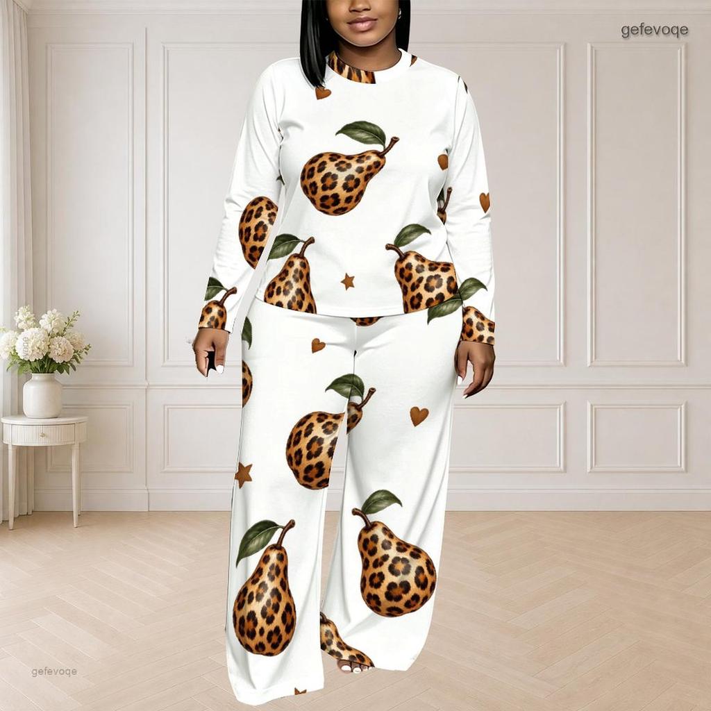 Women Plus Size White Printed Round Neck Long Sleeve Top And Long Pants Set