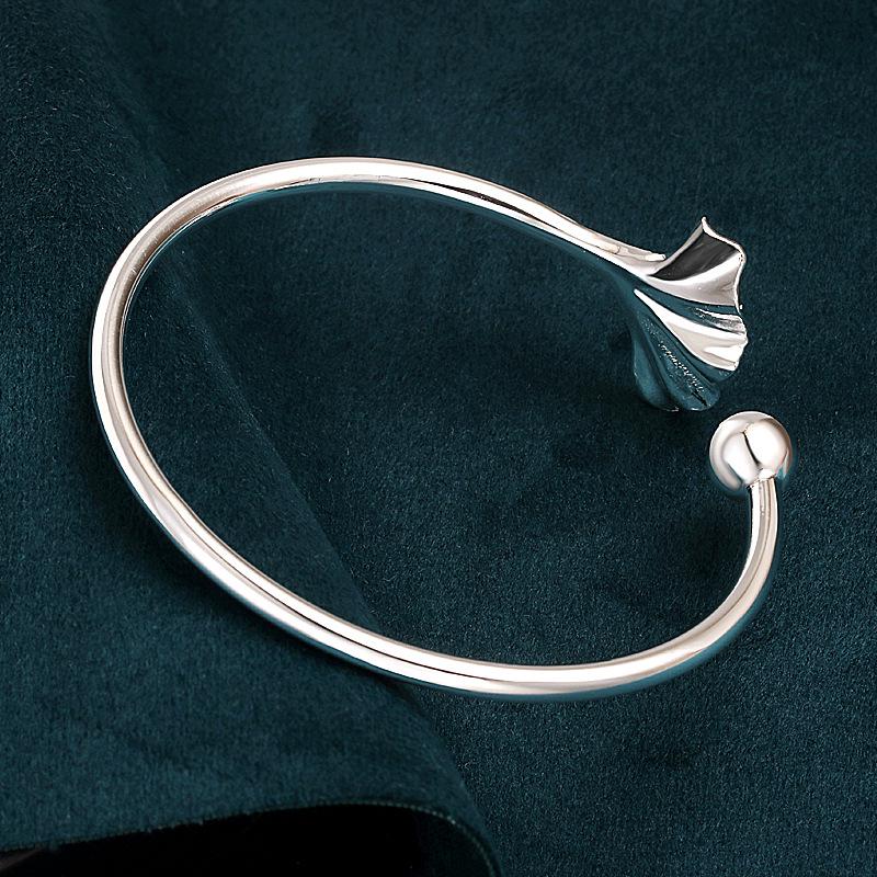 999 Sterling Silver Three Lives One Fate Open Bracelet, Ancient Style, Apricot Leaf Design, Artistic and Simple Women's Gift