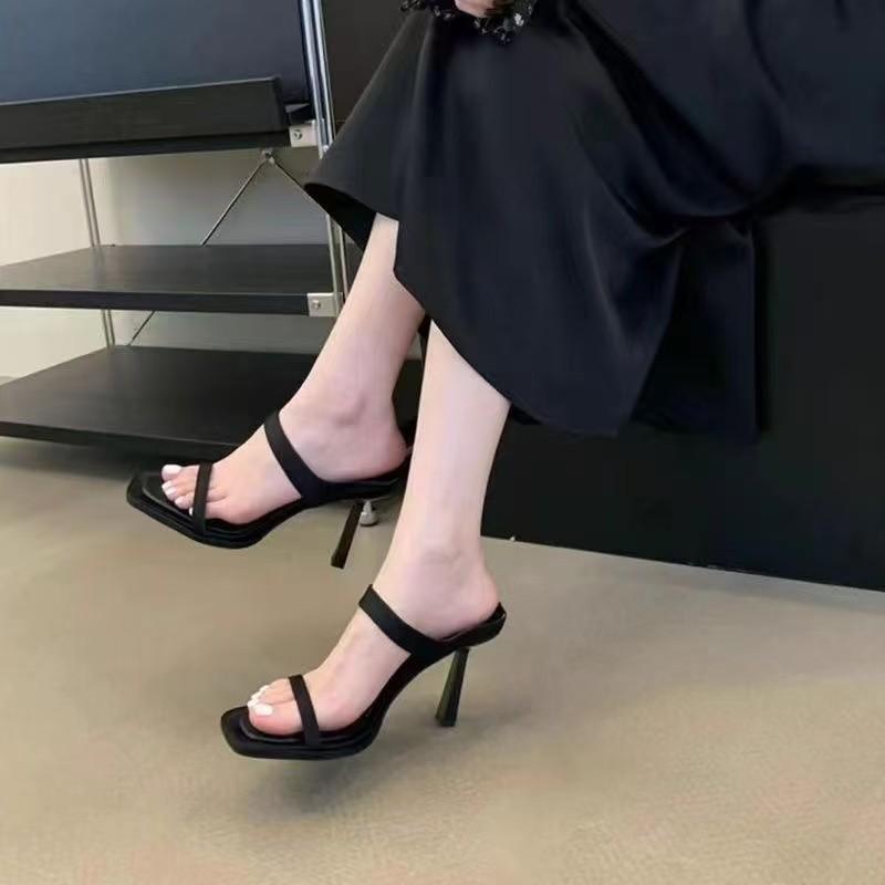 Slim heel temperament socialite black cool slippers shoes wear new summer high heels sandals