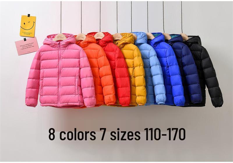 Children's Lightweight Hooded Down Jacket - Solid Color, Winter Style, 90% Down, Medium & Large Sizes