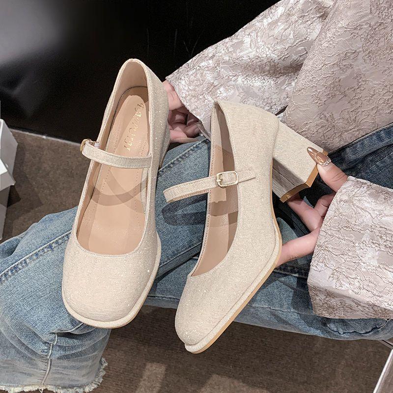 Princess style increases height and shows legs long dress shoes summer matching skirt versatile one-word buckle Mary Jane high heels