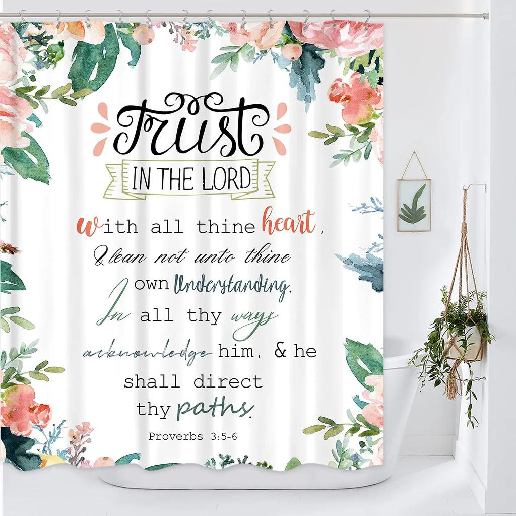 Inspirational Quote Shower Curtain Bible Verse Motivational Quote Bath Curtain Ink Paint Pink Teal Marble Abstract Bathtub Decor