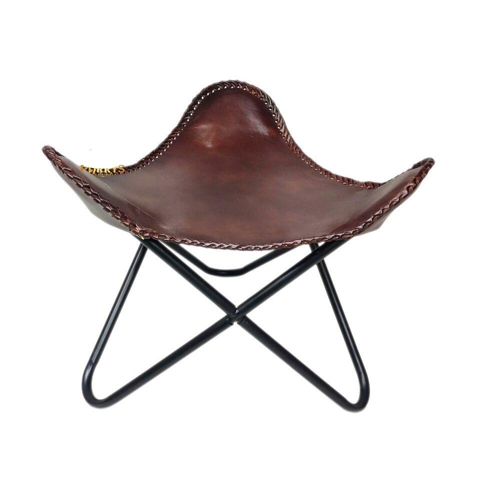 2 Handmade Relaxing Chair-Iron Stand Leather Butterfly Chair With Ottoman