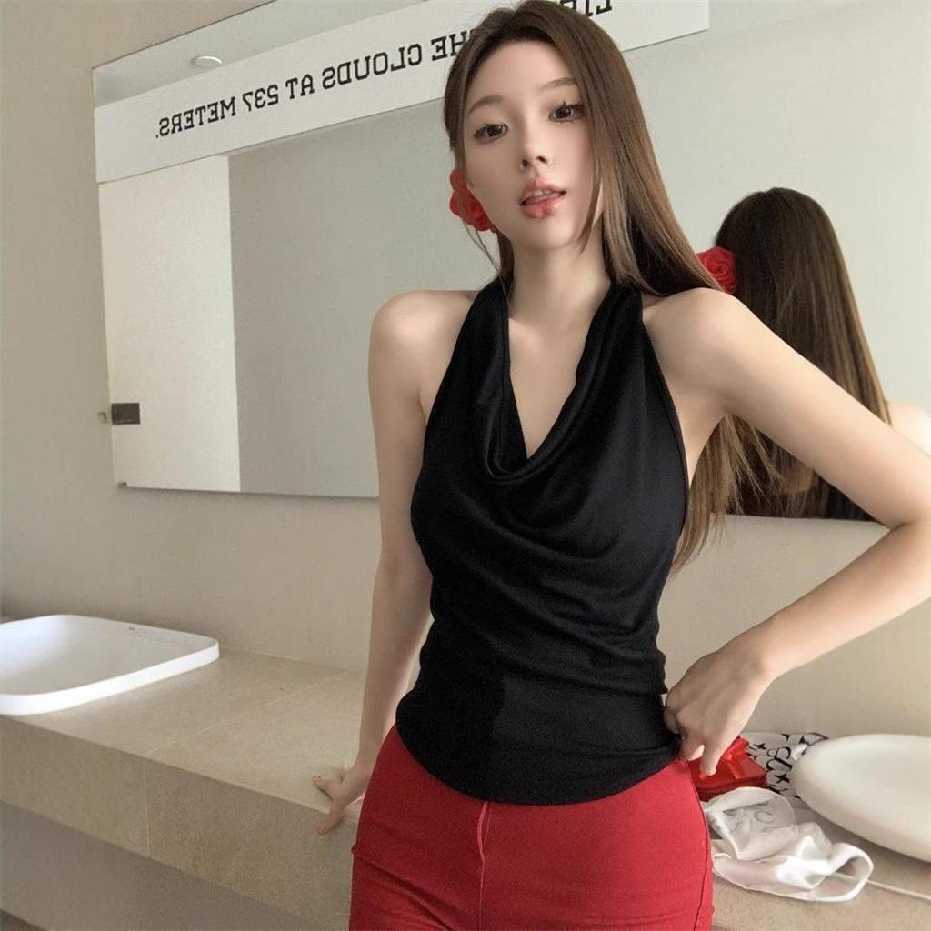 Würziges Mädchen Schwarzes Wasserfallkragen Neckholder Träger Ärmellos Rückenfreies Top für Frauen.