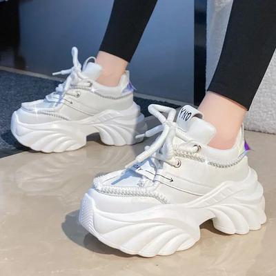 Fashion 7.5CM Fashion Women's Chunky Sneakers Black Platform Tennis Shoes for Women New Thick Bottom Breathable Leather Sports Dad Shoes