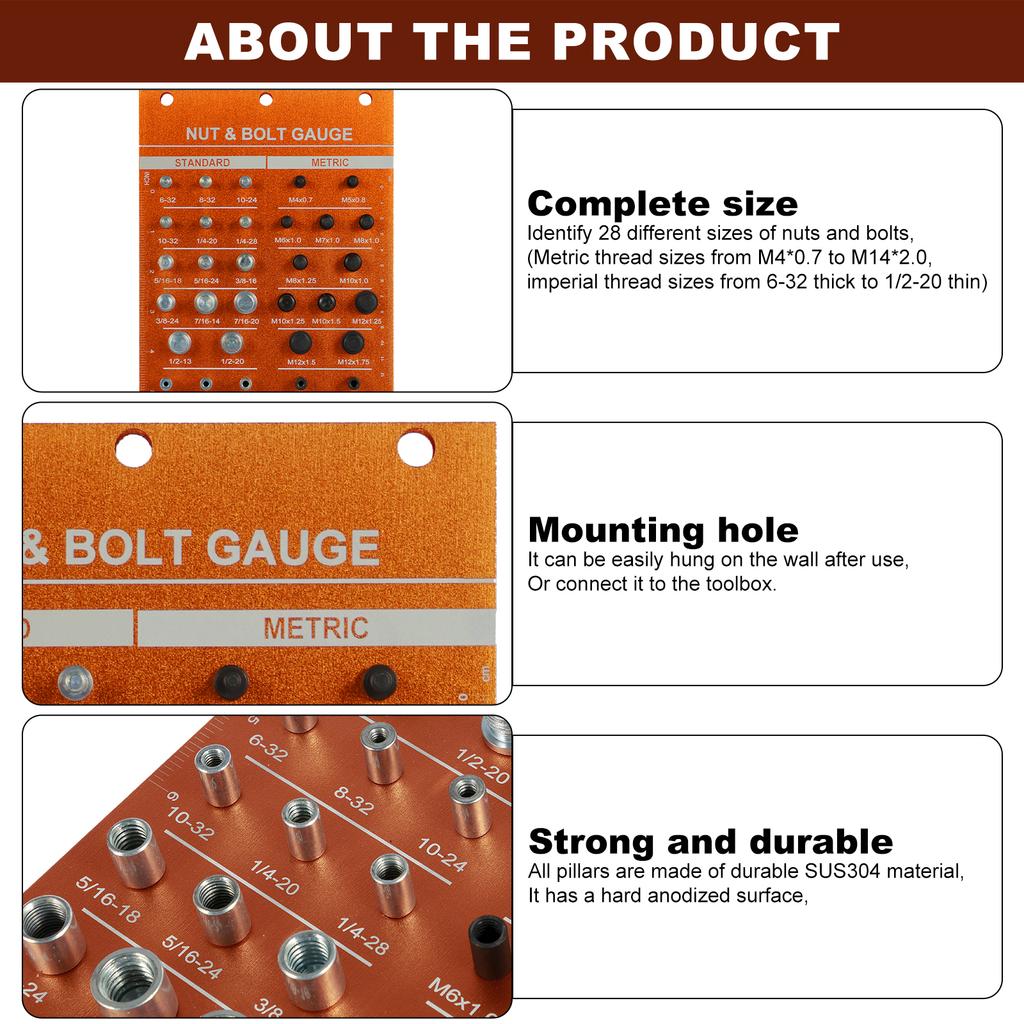 Nut and Bolt Thread Checker Aluminum Alloy 14 Standard Thread Identifier 12 Metric Nuts Bolts Screws Size Gauge Measuring Tool