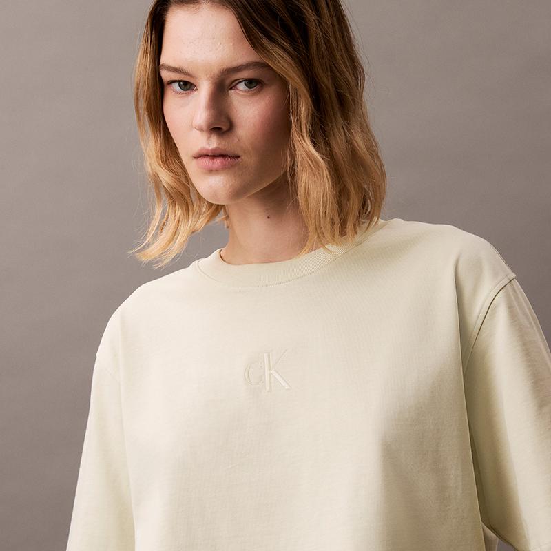 Calvin Klein Trendy Casual Layered Letter Loose Cotton Short Sleeve T-Shirt Women T-Shirts Seafoam-Green 47AB818