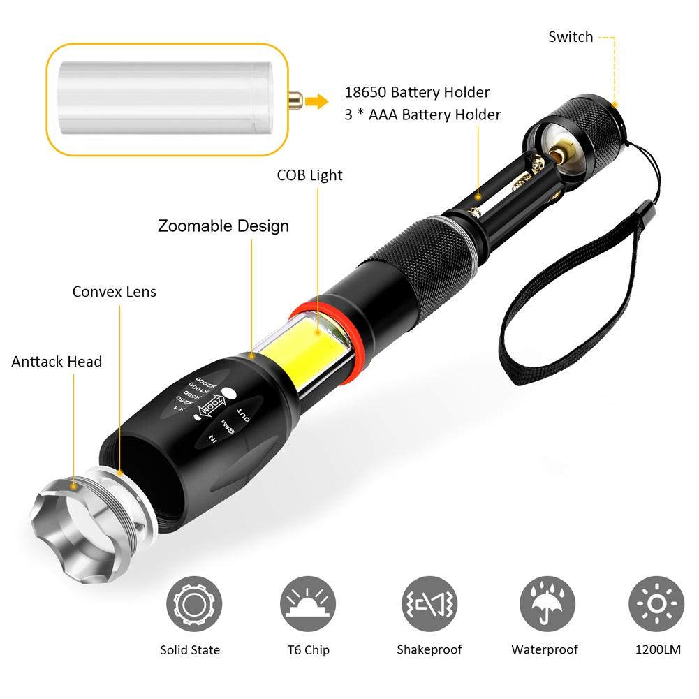 LED COB Flashlight 500 lm Ultra Bright Powerful Zoomable Flashlight
