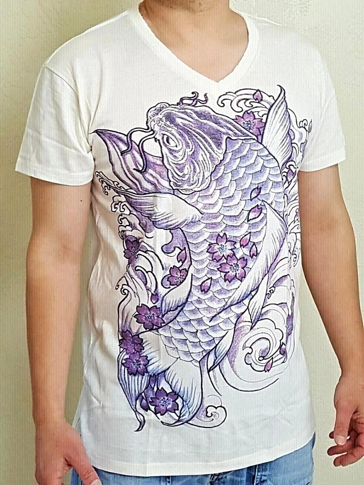 Magical Carp Koi Fish T-Shirt Men V-Neck Japanese Irezumi Tattoo Style S