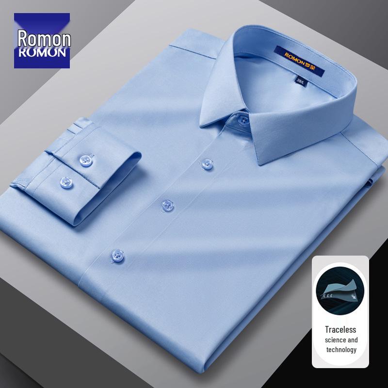 Romon Men's Gray Long Sleeve Business Casual Faux Silk Seamless White Shirt