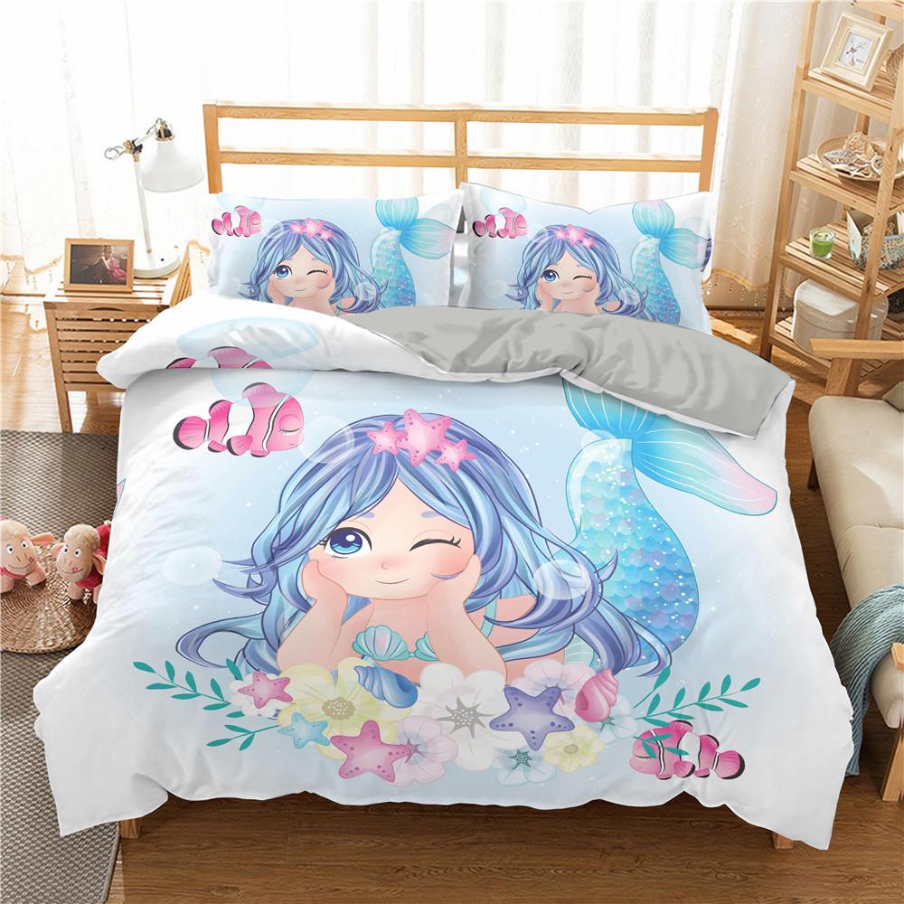 Comforter Mermaid King Queen Cute Cartoon Fairy Tale Sea Creature Bedding Set Fish Scale Girly 2/3Pcs
