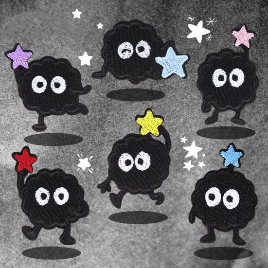 baizihuahu 6 Pcs Cartoon Embroidered Patches, Iron on Sew Decorative Appliques, Cute Black Ball Patches for Clothes Bags Hats Repairing Holes