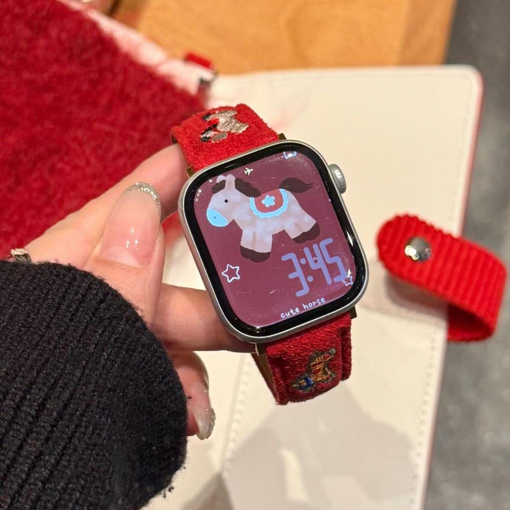 New Year Small Horse Embroidery Velvet Leather Strap for Apple Watch Series 11 10/9/8 Ultra SE