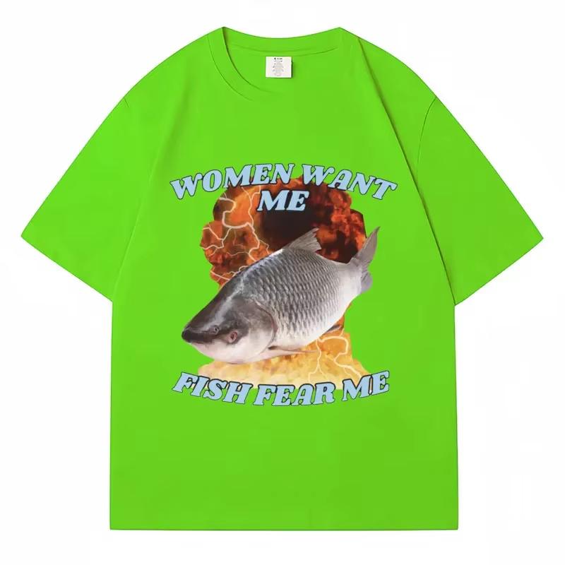Vintage Lustig Frauen wollen mich Fische fürchten mich Meme Grafik T-Shirt Mode Harajuku Angeln T-Shirts Männer Frauen Baumwolle Sommer T-Shirts